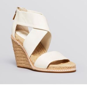 MUST GO! AERIN cream leather espadrille wedge.